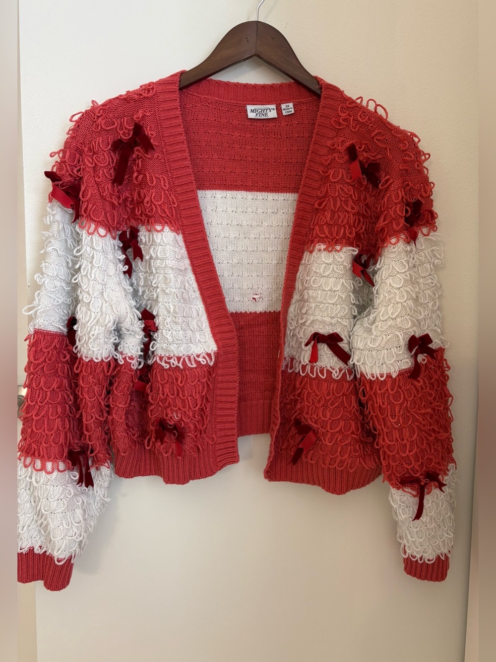 Mighty Fine Red and Off-White Loop-Detail Open Cardigan with Bow Accents Sz:2X